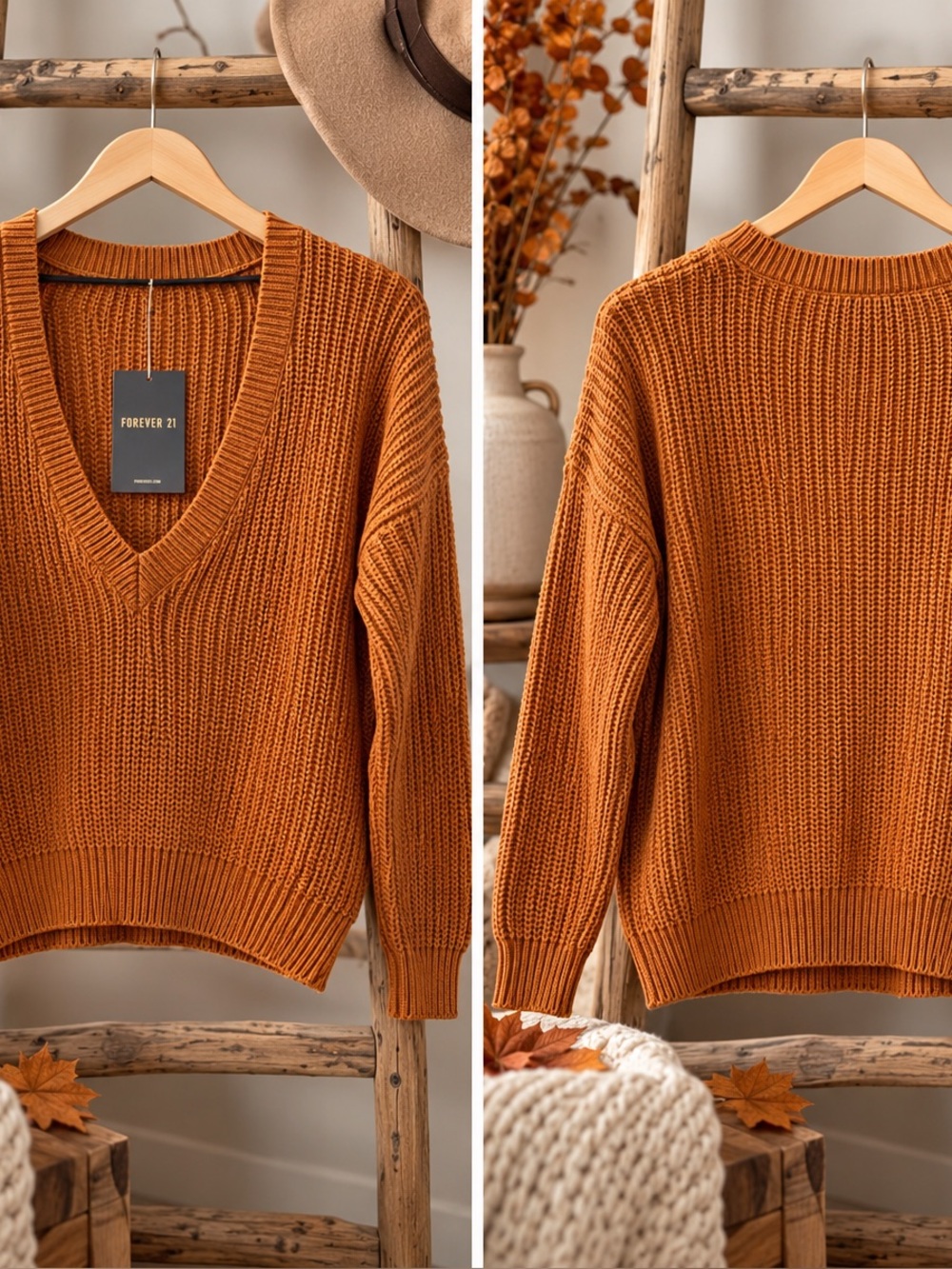 NWT Forever 21 Rust Orange Chunky Knit V-Neck Sweater – Oversized Small